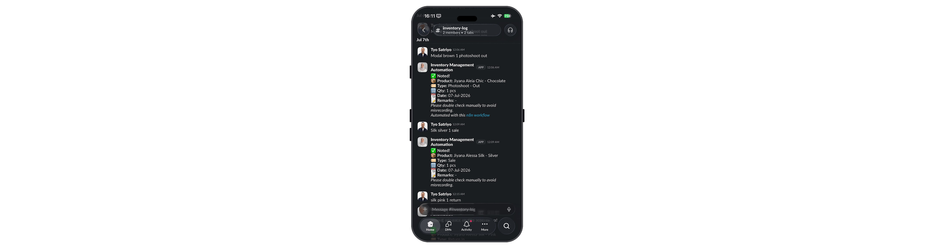 The inventory agent logging a stock movement from a plain-language Slack message