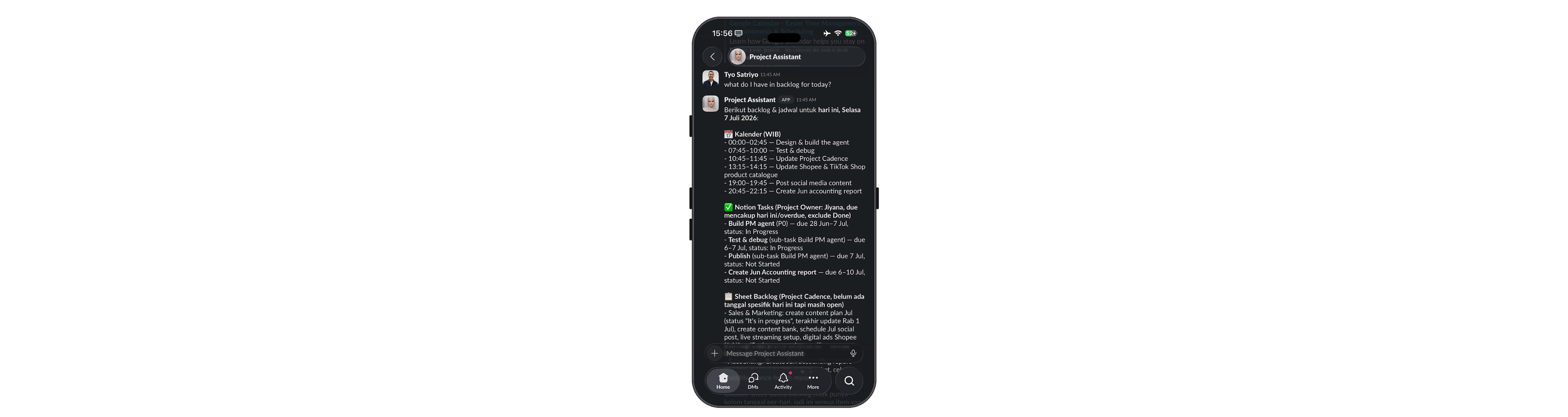 The project assistant agent logging decisions and follow-ups with Decision, Parked, Recall and Close tags