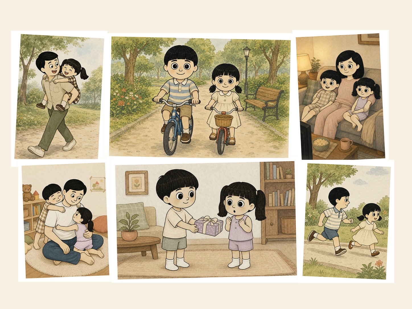 The four illustrated Little Wonder Days characters: Papa, Ibu, Arga and Nara