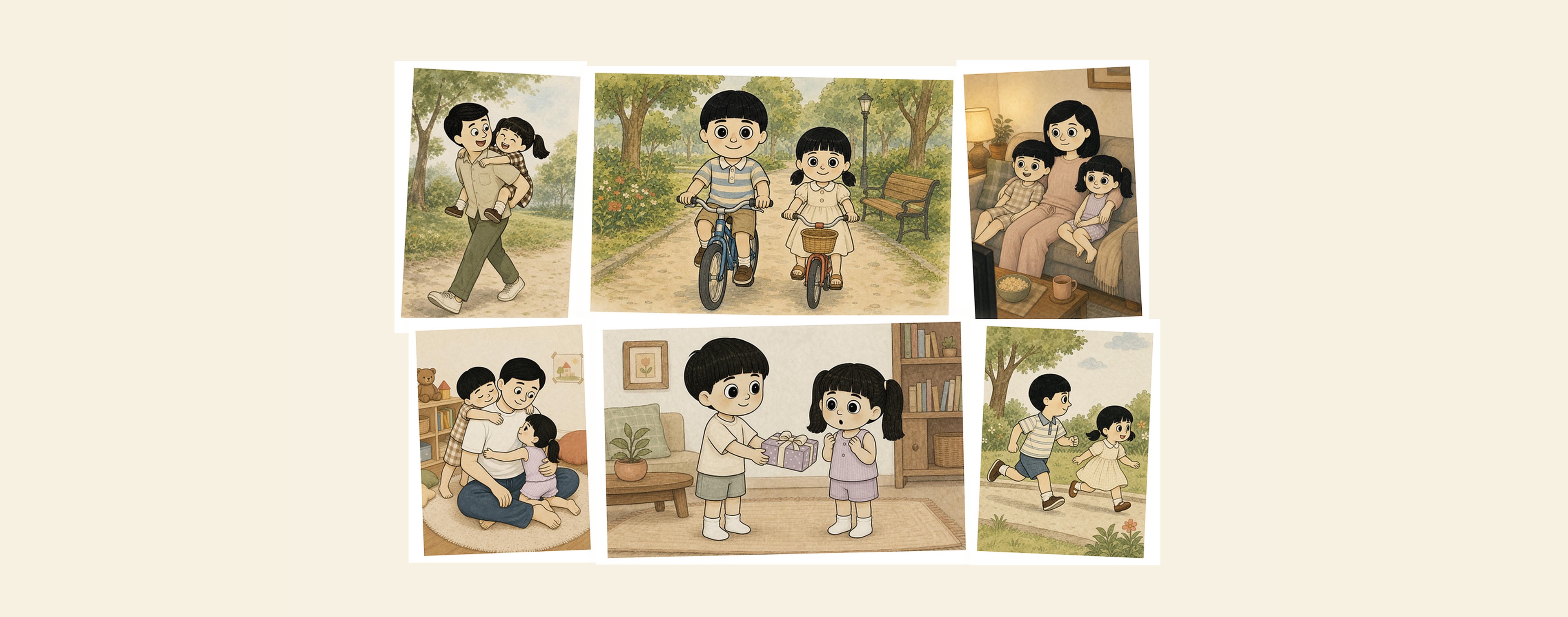 The locked Little Wonder Days character guideline: Papa, Ibu, Arga and Nara with their set faces, hair, clothing and palette