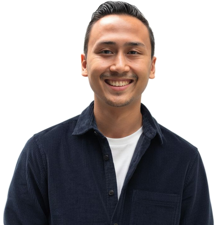 Satriyo Bagus Cahyoputra, standing with arms folded, in a dark shirt